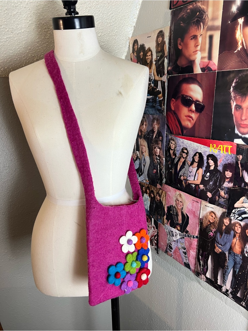 Source Unknown Fuchsia Felt Crossbody with Multicolor Floral Appliqués
